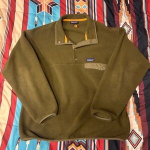 Patagonia Synchilla Olive Green Fleece Jacket with Orange Trim